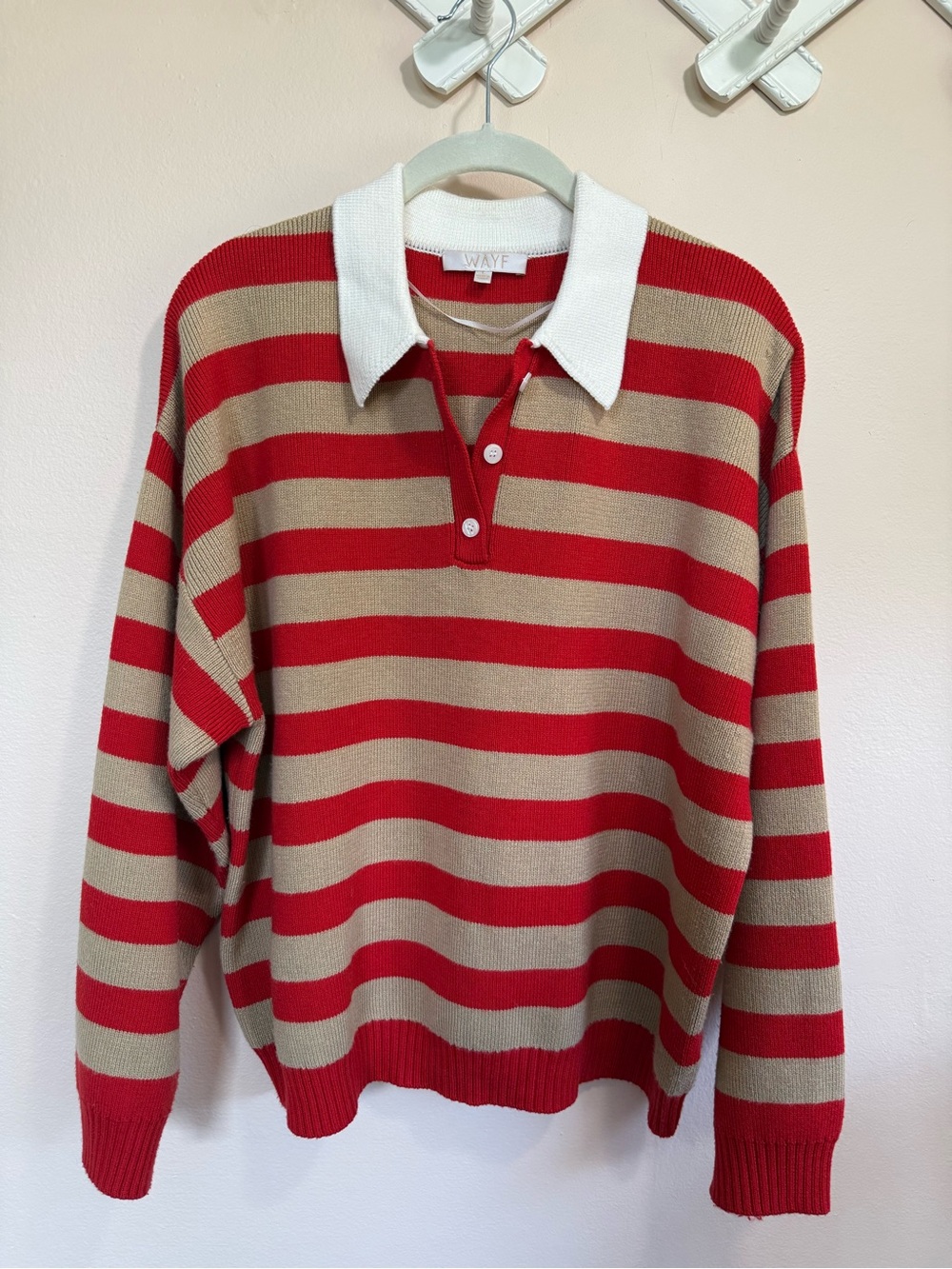 WAYF Red and Tan Striped V-Neck Rugby Sweater with White Collar
